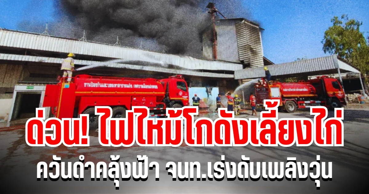 ด่วน! ไฟไหม้โกดังเลี้ยงไก่ ควันดำคลุ้งฟ้า จนท.เร่งดับเพลิงวุ่น