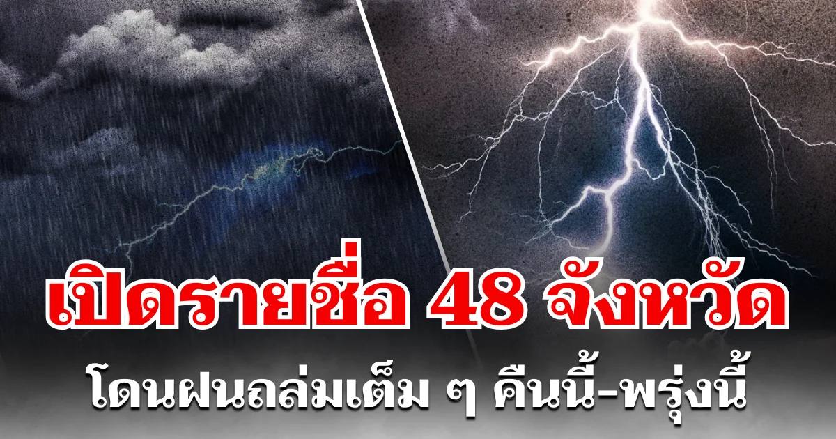 ประกาศเเล้ว! กรมอุตุฯ เปิดรายชื่อ 48 จังหวัด โดนฝนถล่มเต็ม ๆ คืนนี้-พรุ่งนี้