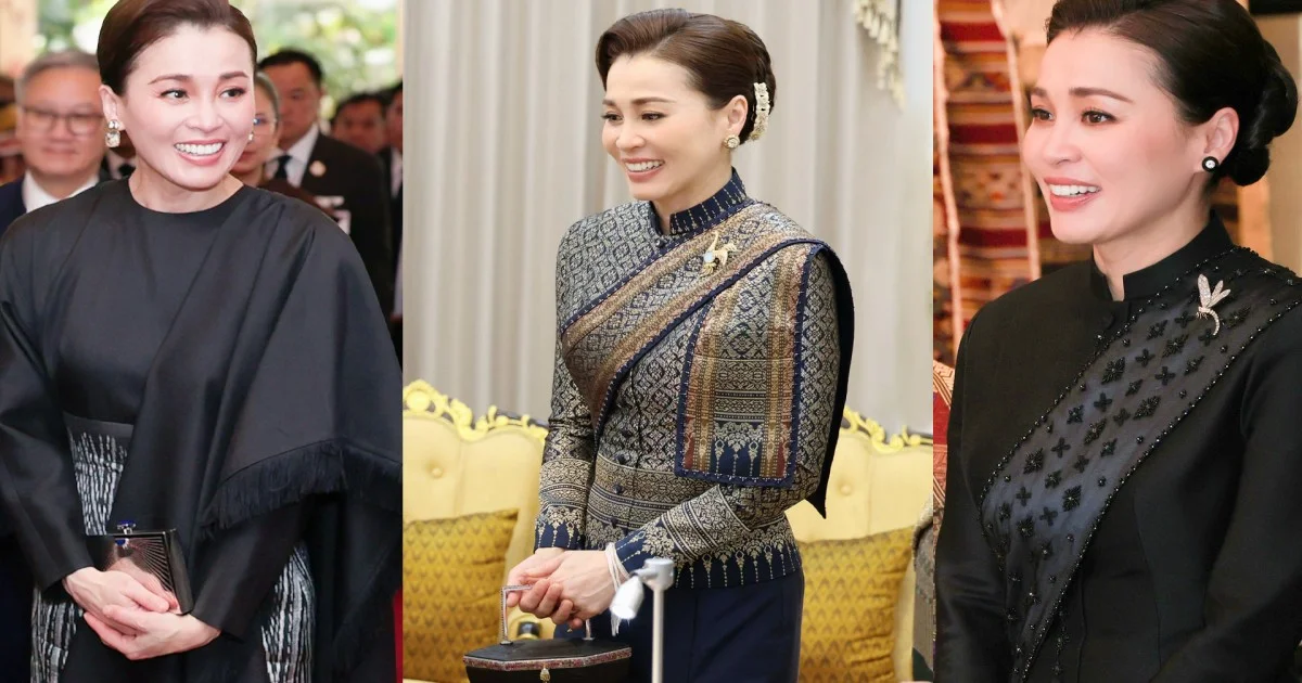 ฉลองพระองค์ พระราชินี เยือนสปป.ลาว ผ้าไหมมัดหมี่ลายก้างปลา งามจับใจ