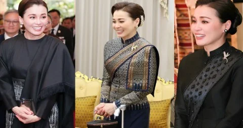 ฉลองพระองค์ พระราชินี เยือนสปป.ลาว ผ้าไหมมัดหมี่ลายก้างปลา งามจับใจ