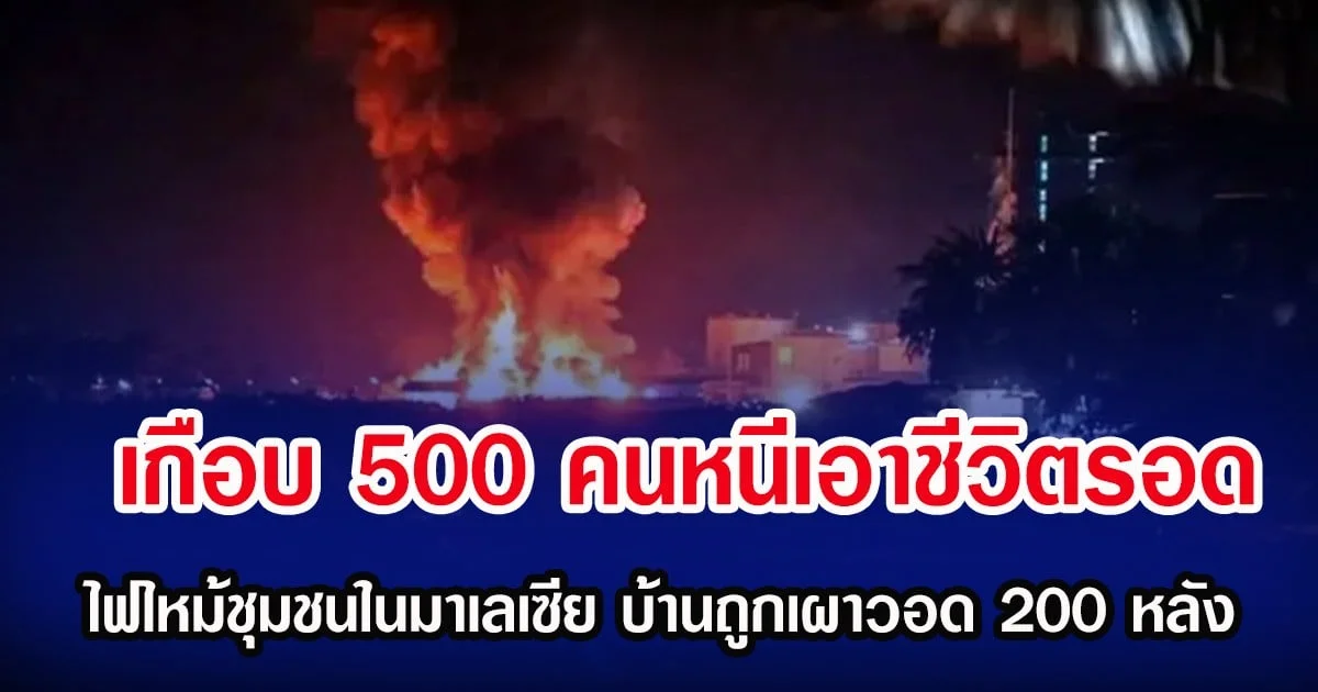 เกือบ 500 คนหนีเอาชีวิตรอด ไฟไหม้ชุมชนในมาเลเซีย จนบ้าน 200 หลังถูกเผาวอด (ตปท.)