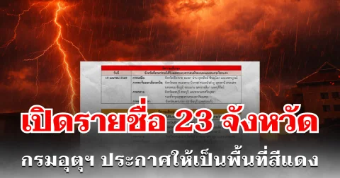 เปิดรายชื่อ 23 จังหวัด กรมอุตุฯ ประกาศให้เป็นพื้นที่สีแดง เสี่ยงพายุฤดูร้อนถล่มหนักวันนี้
