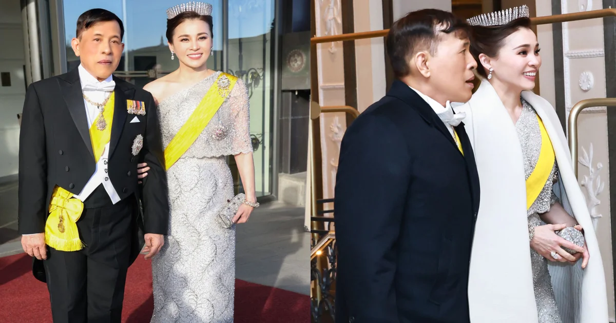 สง่างาม พระราชินี ฉลองพระองค์ชุดราตรียาว สวมมงกุฎ ใส่เครื่องราชอิสยาภรณ์สายสะพายจักรี