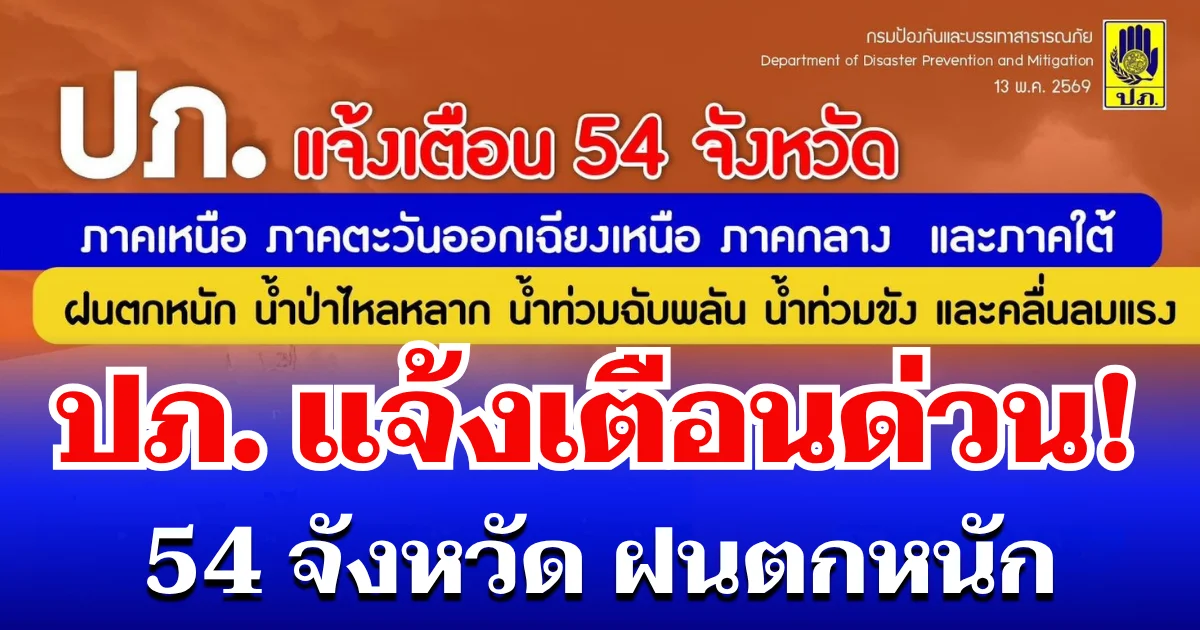 แจ้งเตือนด่วน! ปภ. ประกาศรายชื่อ 54 จังหวัด ฝนตกหนัก เสี่ยงน้ำท่วมฉับพลัน 14 - 18 พ.ค. นี้