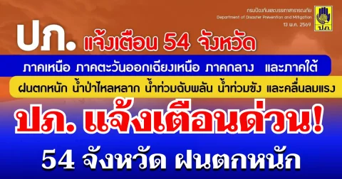 แจ้งเตือนด่วน! ปภ. ประกาศรายชื่อ 54 จังหวัด ฝนตกหนัก เสี่ยงน้ำท่วมฉับพลัน 14 - 18 พ.ค. นี้