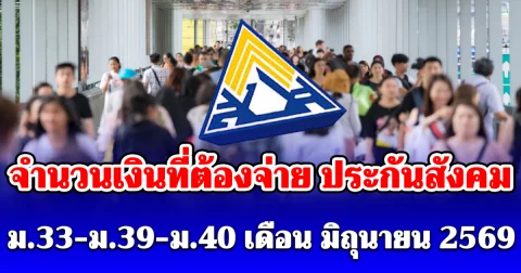 ประกาศแล้ว! จำนวนเงินที่ต้องจ่าย ประกันสังคม ม.33-ม.39-ม.40 เดือน มิถุนายน 2569