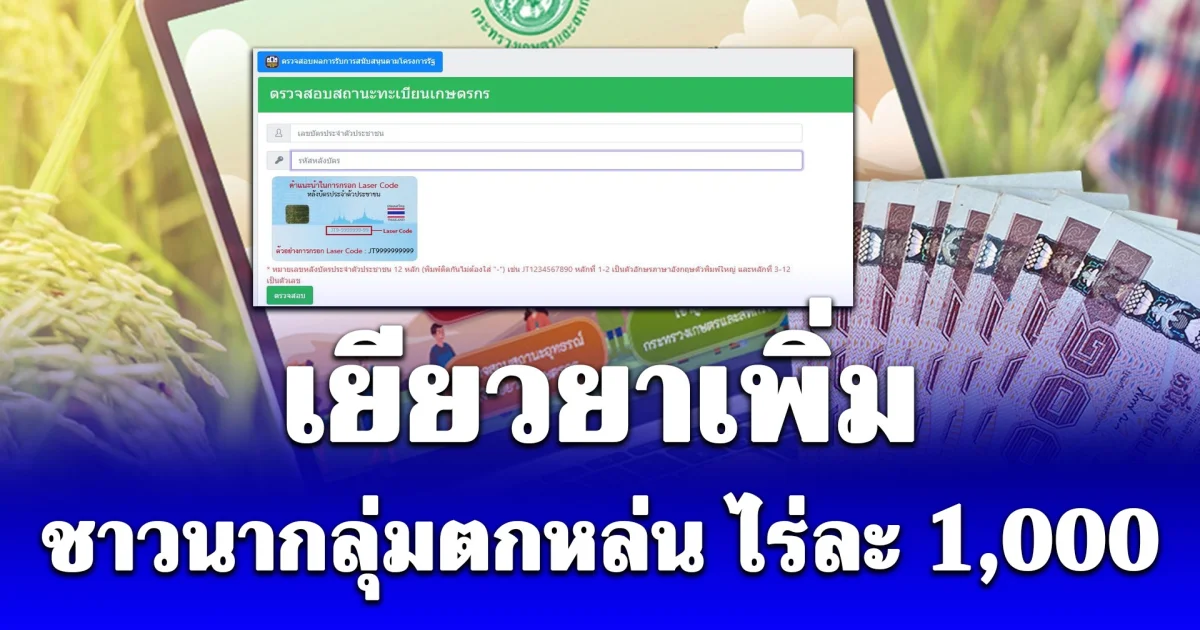 ตรวจสอบสิทธิเกษตรกร เยียวยาเพิ่ม ชาวนากลุ่มตกหล่น ไร่ละ 1,000