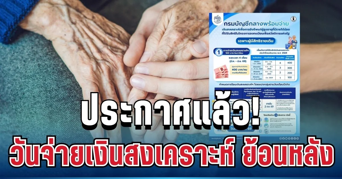 ประกาศแล้ว! วันจ่ายเงินสงเคราะห์ผู้สูงอายุ ย้อนหลังสูงสุด 400 บาท