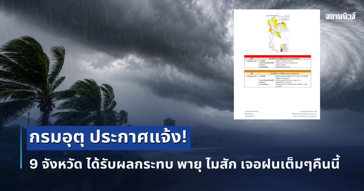 กรมอุตุ ประกาศแจ้ง! 9 จังหวัด ได้รับผลกระทบ พายุ ไมสัก เจอฝนเต็มๆคืนนี้