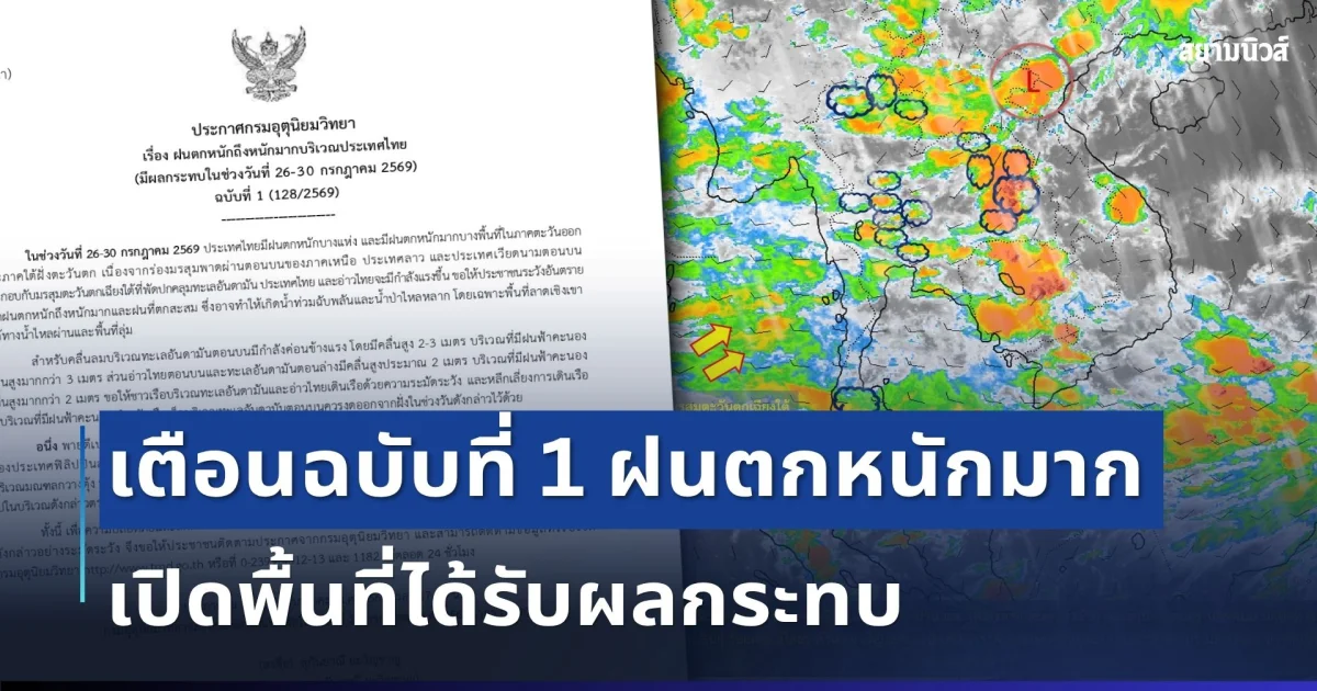เตรียมรับมือ! ฝนจ่อมาอีกระลอก ประกาศเตือนฉบับ 1 ฝนตกหนักถึงหนักมาก เปิดพื้นที่ได้รับผลกระทบ