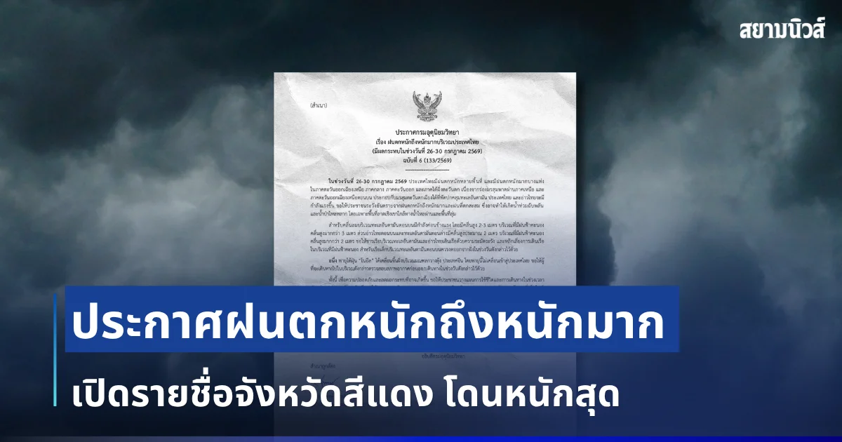 อัปเดตใหม่! กรมอุตุฯ ประกาศฉบับที่ 6 ฝนตกหนักถึงหนักมาก เปิดรายชื่อจังหวัดสีแดง โดนหนักสุด