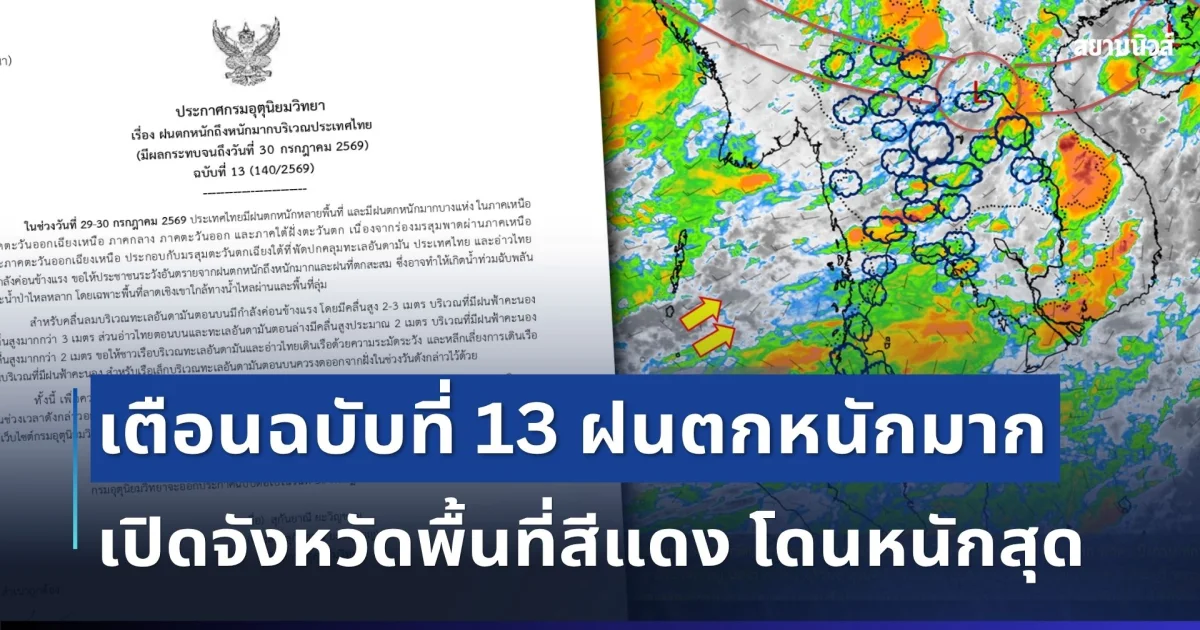 ประกาศแล้ว! กรมอุตุฯ เตือนฉบับที่ 13 ฝนตกหนักถึงหนักมาก เปิดจังหวัดพื้นที่สีแดง โดนหนักสุด