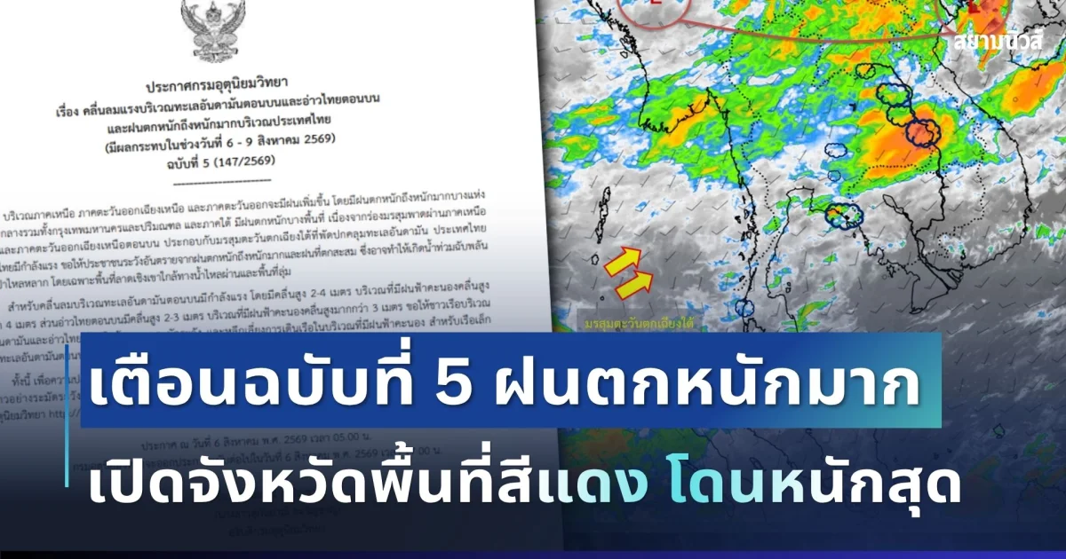 มาหนักแน่! กรมอุตุฯ เตือนฉบับที่ 5 ฝนตกหนักถึงหนักมาก เปิดจังหวัดพื้นที่สีแดง โดนหนักสุด