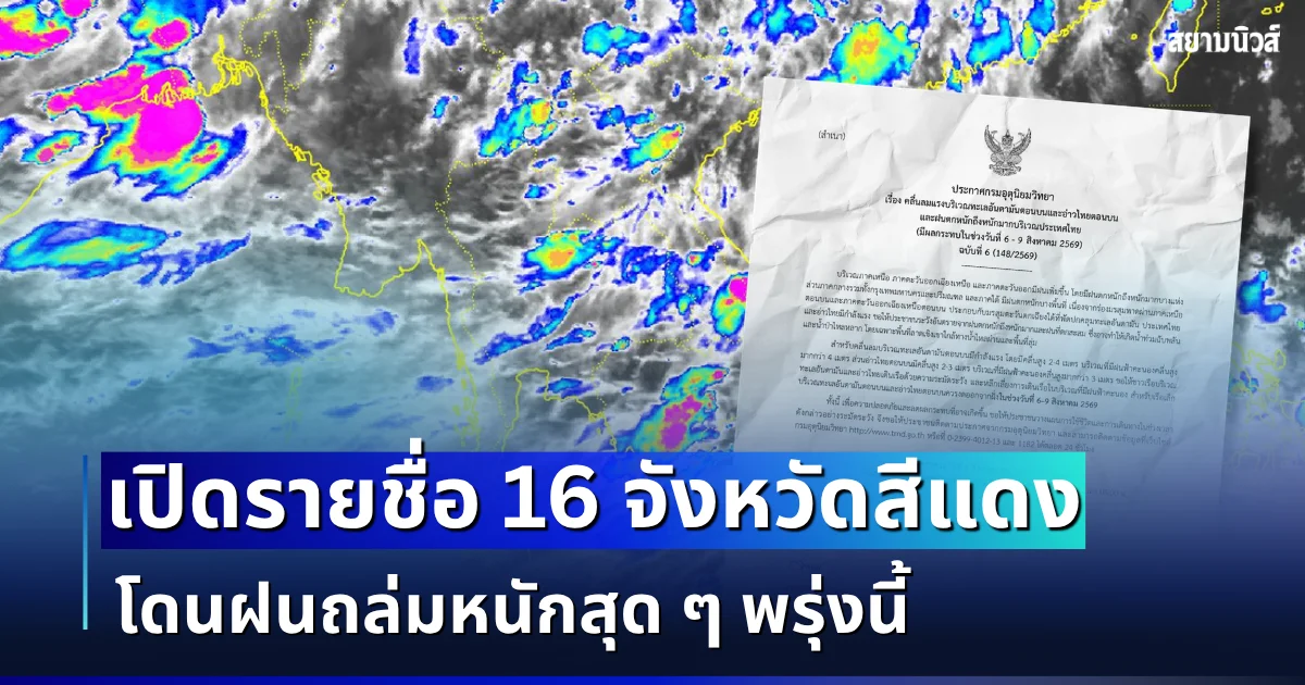 แจ้งด่วน! กรมอุตุฯ ประกาศรายชื่อ 16 จังหวัดสีแดง โดนฝนถล่มหนักสุด พรุ่งนี้