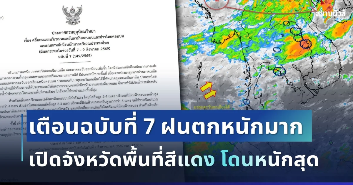 มาหนักแน่! กรมอุตุฯ เตือนฉบับที่ 7 ฝนตกหนักถึงหนักมาก เปิดจังหวัดพื้นที่สีแดง โดนหนักสุด