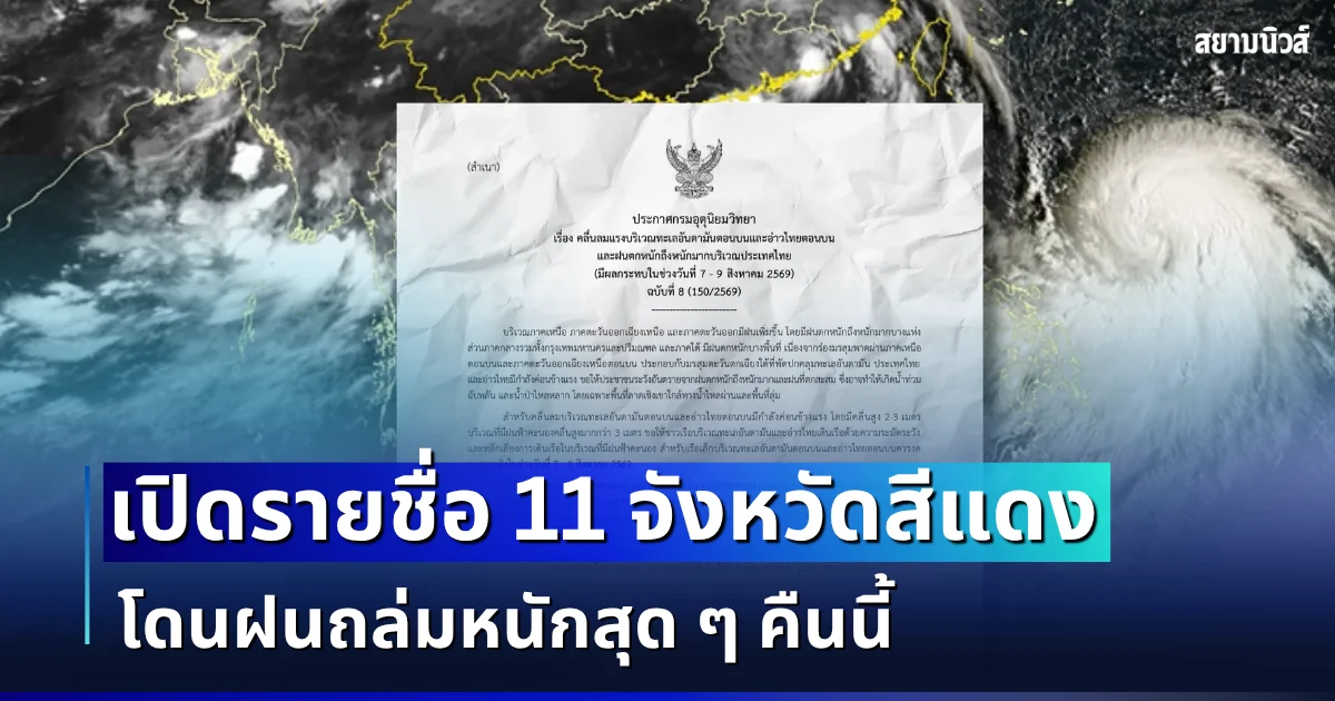 แจ้งด่วน! กรมอุตุฯ ประกาศรายชื่อ 11 จังหวัดสีแดง โดนฝนถล่มหนักสุด คืนนี้