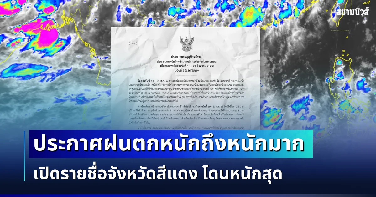 อัปเดตใหม่! กรมอุตุฯ ประกาศฉบับที่ 2 ฝนตกหนักถึงหนักมาก เปิดรายชื่อจังหวัดสีแดง โดนหนักสุด