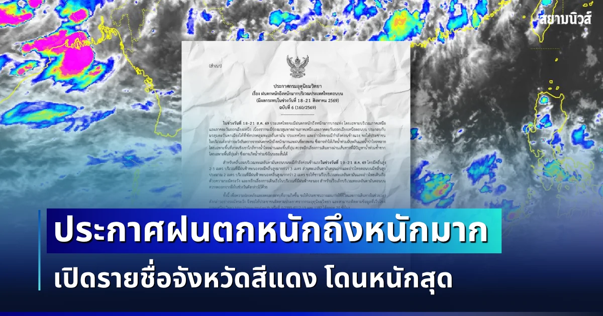 อัปเดตใหม่! กรมอุตุฯ ประกาศฉบับที่ 6 ฝนตกหนักถึงหนักมาก เปิดรายชื่อจังหวัดสีแดง โดนหนักสุด