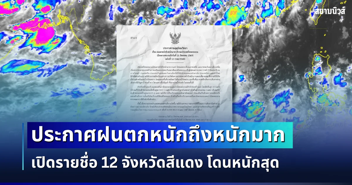อัปเดตใหม่! กรมอุตุฯ ประกาศฉบับที่ 12 ฝนตกหนักถึงหนักมาก เปิดรายชื่อ 12 จังหวัดสีแดง โดนหนักสุด
