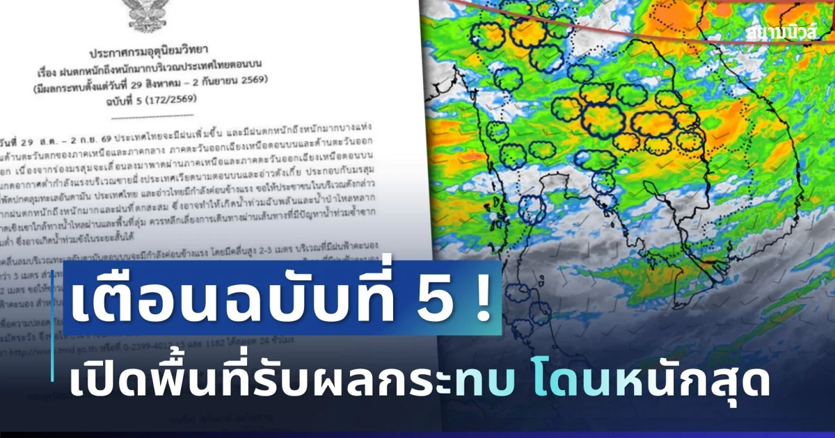 พรุ่งนี้มาแน่! กรมอุตุฯ เตือนฉบับที่ 5 ฝนตกหนักถึงหนักมาก เปิดรายชื่อ 38 จังหวัด โดนเต็มๆ