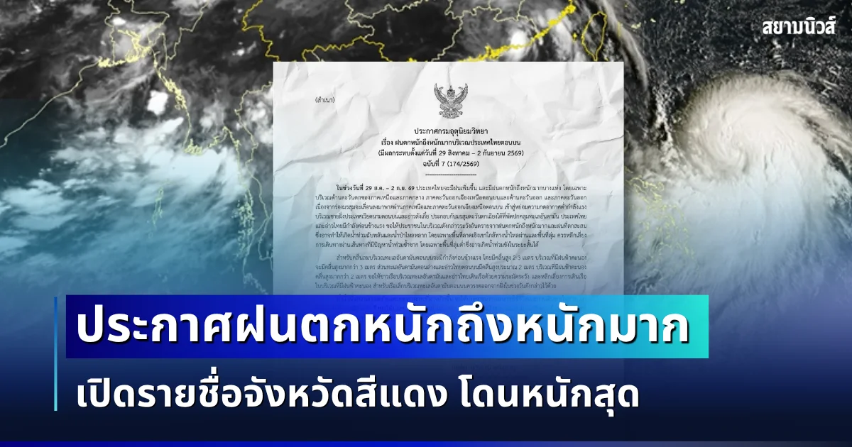 อัปเดตใหม่! กรมอุตุฯ ประกาศฉบับที่ 7 ฝนตกหนักถึงหนักมาก เปิดรายชื่อจังหวัดสีแดง โดนหนักสุด