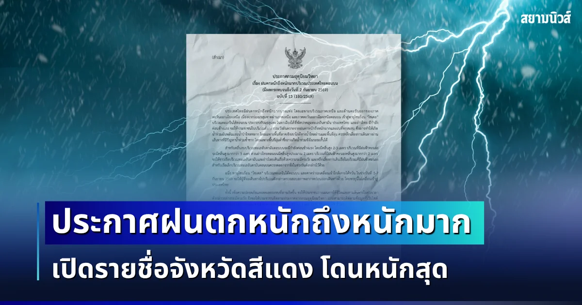 อัปเดตใหม่! กรมอุตุฯ ประกาศฉบับที่ 13 ฝนตกหนักถึงหนักมาก เปิดรายชื่อจังหวัดสีแดง โดนหนักสุด
