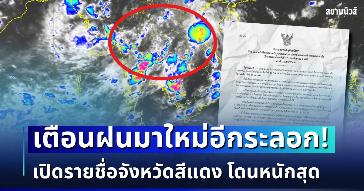 มาใหม่อีกระลอก! กรมอุตุฯ ประกาศฉบับที่ 2 ฝนตกหนักถึงหนักมาก เปิดรายชื่อจังหวัดสีแดง โดนหนักสุด