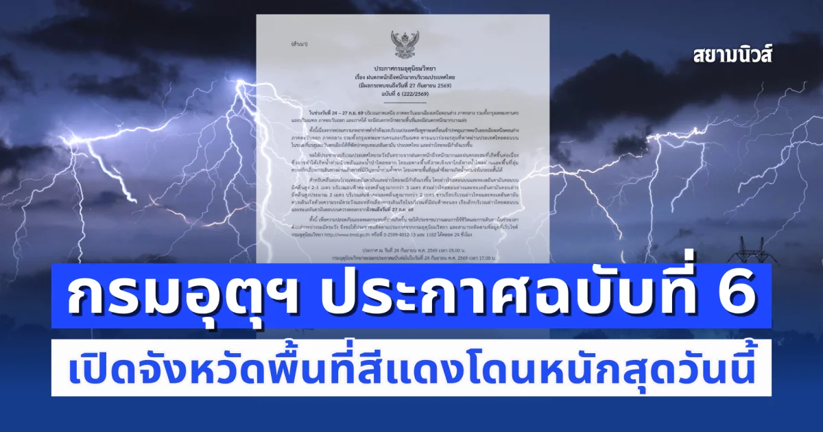 ด่วน! กรมอุตุฯ ประกาศฉบับที่ 6 ฝนตกหนักถึงหนักมาก เปิดจังหวัดพื้นที่สีแดงโดนหนักสุดวันนี้