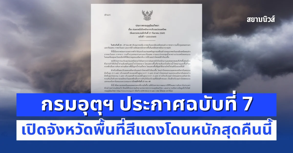 ด่วน! กรมอุตุฯ ประกาศฉบับที่ 7 ฝนตกหนักถึงหนักมาก เปิดจังหวัดพื้นที่สีแดงโดนหนักสุดคืนนี้
