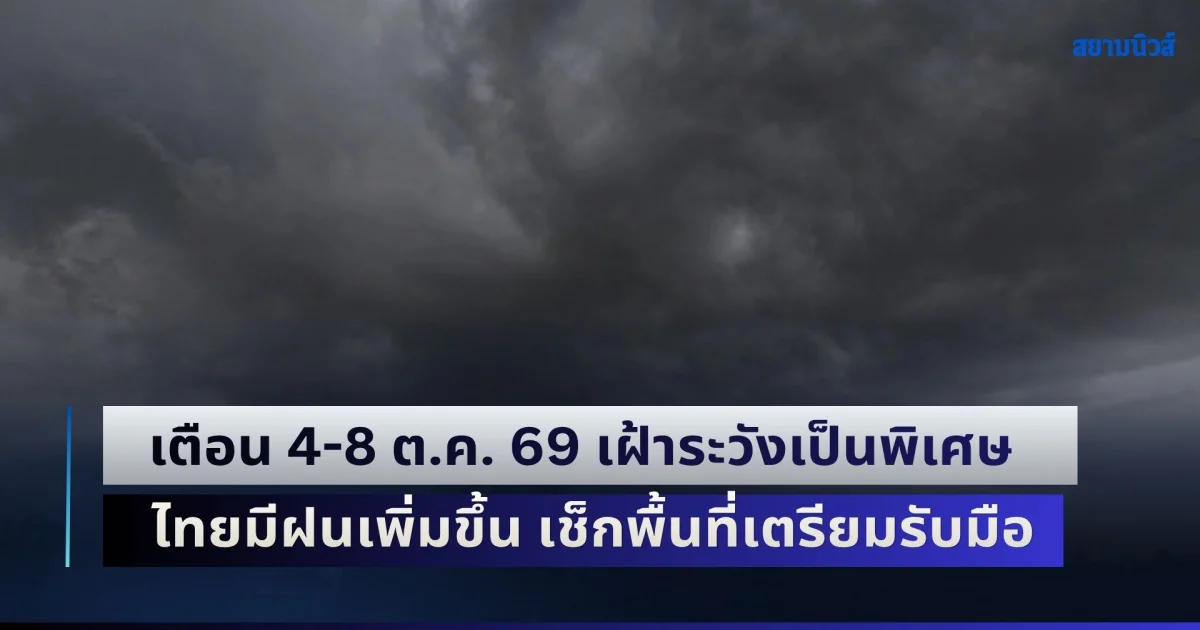 กลับมาอีกระลอก! อุตุฯ เตือน 4-8 ต.ค. 69 เฝ้าระวังเป็นพิเศษ ไทยมีฝนเพิ่มขึ้น เช็กพื้นที่เตรียมรับมือ