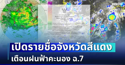 แย่แล้ว โดนเต็มๆ! กรมอุตุฯ ประกาศฉบับที่  7 เตือนฝนฟ้าคะนอง เปิดรายชื่อจังหวัดสีแดง ถล่มหนักสุด