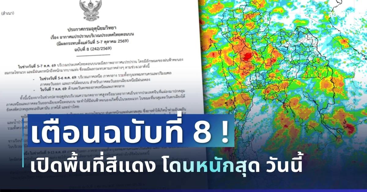แจ้งด่วน! กรมอุตุฯ ประกาศฉบับที่ 8 เตือนฝนฟ้าคะนอง เปิดรายชื่อจังหวัดสีแดงโดนเต็มๆ วันนี้