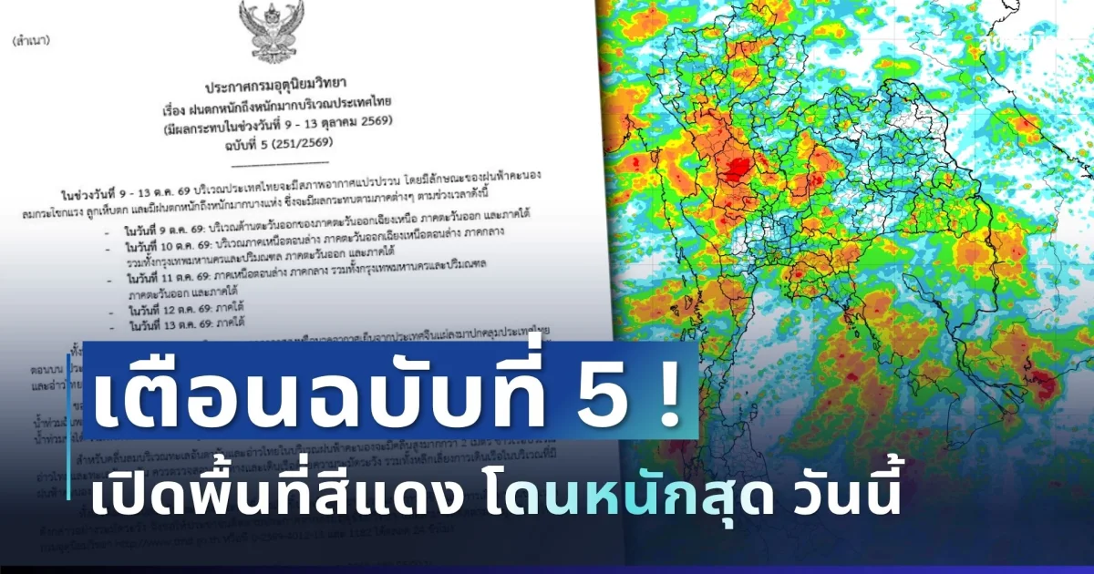 ด่วน แย่แล้ว! กรมอุตุฯ ประกาศฉบับที่ 5 ฝนตกหนักถึงหนักมาก เปิดจังหวัดโดนเต็ม ๆ วันนี้