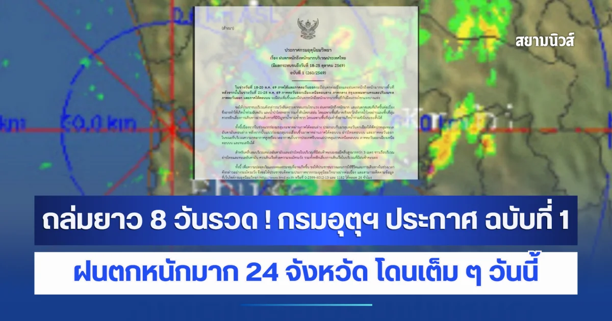 ถล่มยาว 8 วันรวด ! กรมอุตุฯ ประกาศใหม่ ฉบับที่ 1 ฝนตกหนักมาก 24 จังหวัด โดนเต็ม ๆ วันนี้