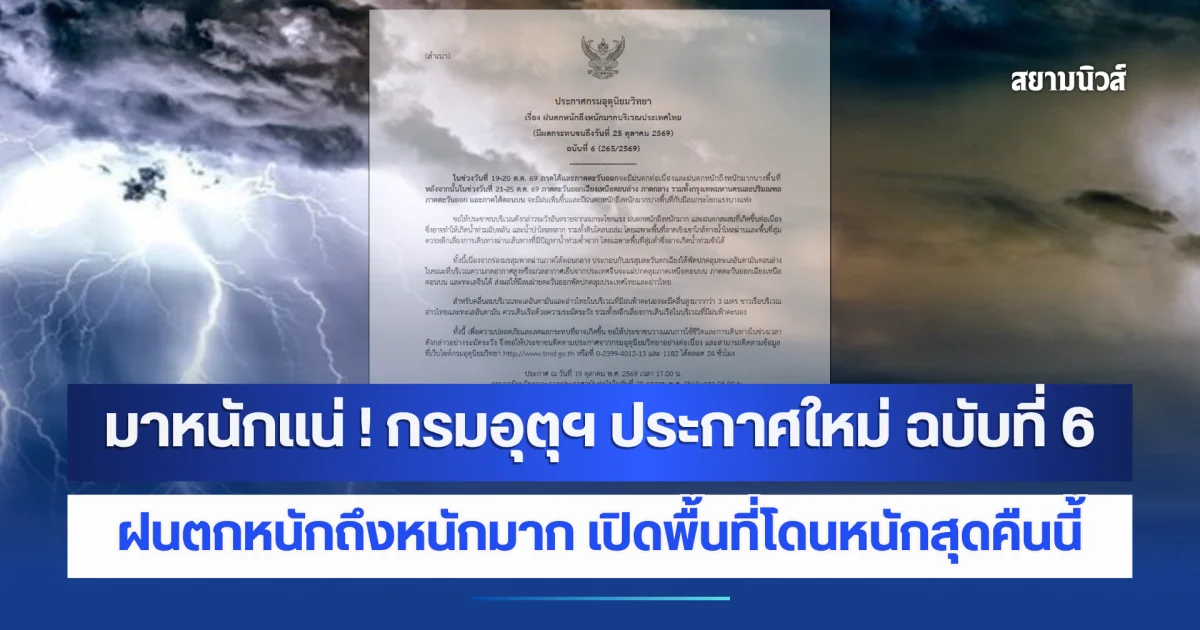มาหนักแน่ ! กรมอุตุฯ ประกาศใหม่ ฉบับที่ 6 ฝนตกหนักถึงหนักมาก เปิดพื้นที่โดนหนักสุดคืนนี้