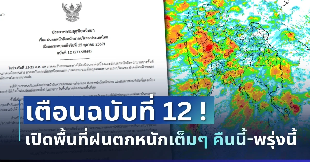 ประกาศแล้ว! เปิดรายชื่อ 19 จังหวัด กรมอุตุฯ เตือนรับมือฝนตกหนักเต็ม ๆ คืนนี้-พรุ่งนี้