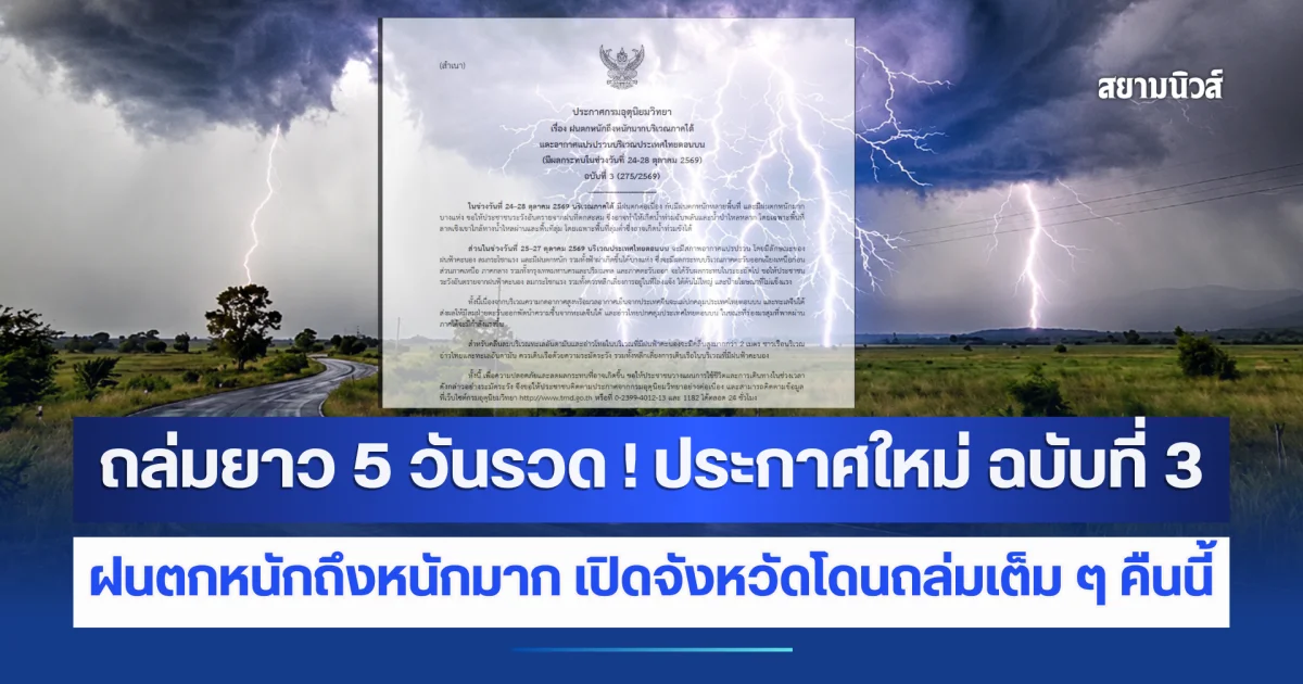 ถล่มยาว 5 วันรวด ! กรมอุตุฯ ประกาศใหม่ ฉบับที่ 3 ฝนตกหนักถึงหนักมาก เปิดจังหวัด โดนถล่มเต็ม ๆ คืนนี้