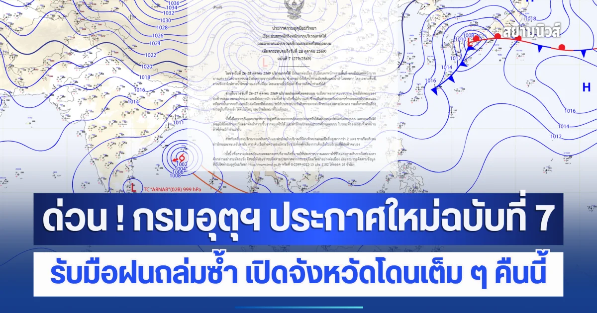 ด่วน ! กรมอุตุฯ ประกาศใหม่ฉบับที่ 7 รับมือฝนถล่มซ้ำยาวถึง 28 ต.ค. เปิดจังหวัดโดนเต็ม ๆ คืนนี้